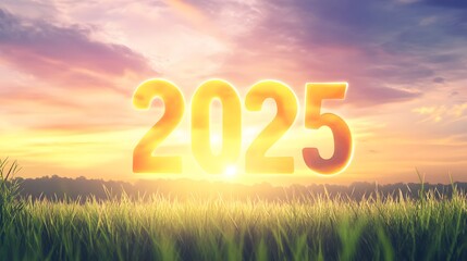 The year 2025 glows in a vibrant sunset sky.