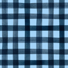 Hand painted illustration watercolor blue indigo stripes on blue background. Checkered seamless pattern. Plaid material. For fabric, sketchbook, wallpaper, wrapping paper, bags, for cards, banner.