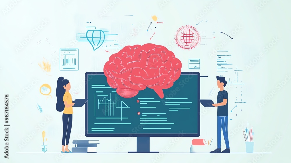 Poster two people stand near a computer monitor with a brain above it, the monitor displays a graph and cod
