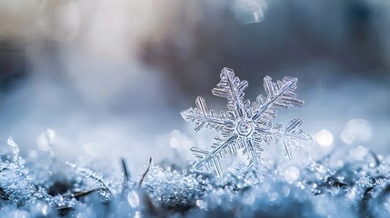 A delicate snowflake rests on a bed of snow.