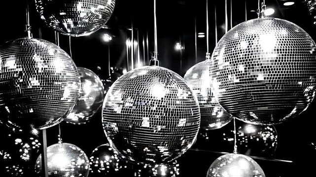 Disco party balls silver in nightclub. Silver mirror disco ball at a party or celebration. Lighting design on the stage of the birthday party in the club. Abstract background of retro disco ball. 4k