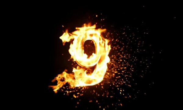 Number 9 formed by flames isolated on a dark background.