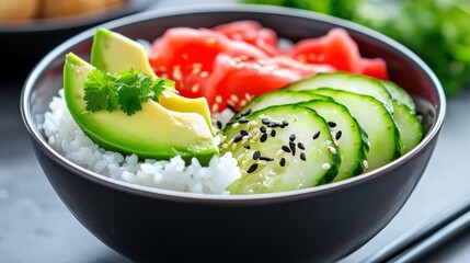 Fresh and Colorful Sushi Bowl with Vegetables and Rice