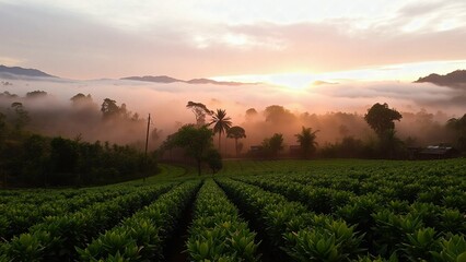 Naklejka premium Tropical Coffee Plantation, Sunrise Coffee Fields, Vibrant Coffee Landscape, Rustic Coffee Huts.jpeg