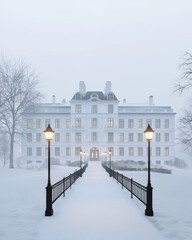 serene winter scene featuring grand house surrounded by snow