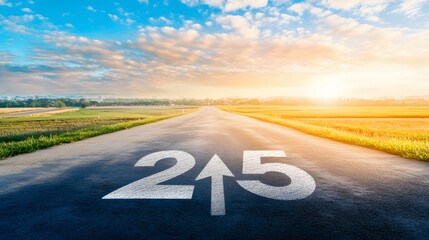 A long road stretches out with the numbers 215 painted on it.  