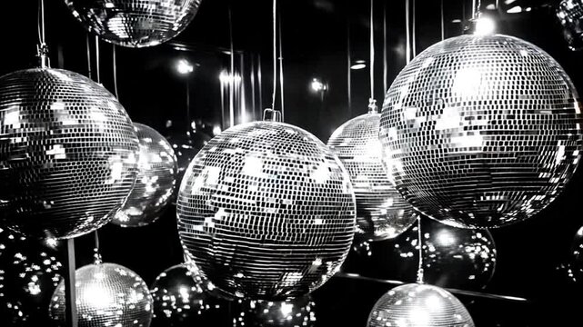Disco party balls silver in nightclub. Silver mirror disco ball at a party or celebration. Lighting design on the stage of the birthday party in the club. Abstract background of retro disco ball. 4k