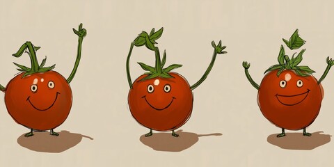 Three cheerful cartoon tomatoes with playful expressions and poses.