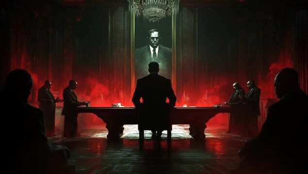 Silhouetted men sit at a table with a portrait behind