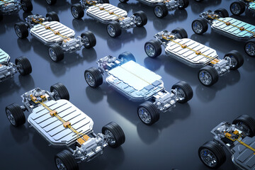 Exploded view of ev car or electric vehicle with battery pouch cells