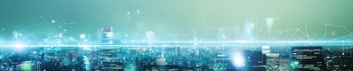 Abstract cityscape and tech industrial web header banner, representing digital transformation in business.