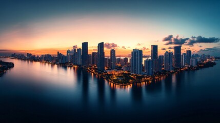 Fototapeta premium Miami skyline at sunset over water