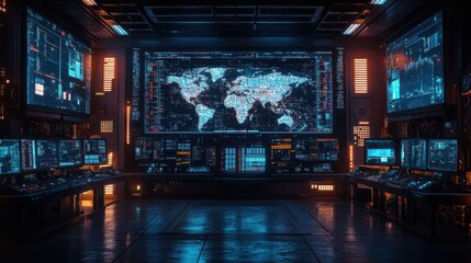 Futuristic Control Room with World Map Display