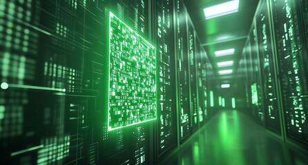 Green background QR code floating in front of server racks in data center.