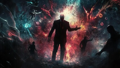 Silhouetted figures in fiery and watery chaos.