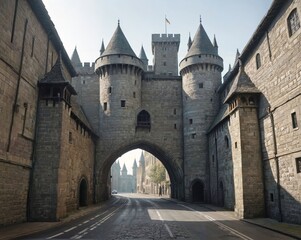 Fototapeta premium Medieval City Gate at Dawn: Half-Raised Portcullis and Silent Streets