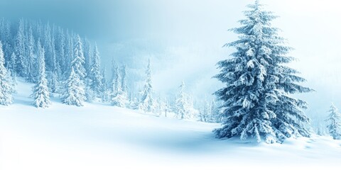 A peaceful winter landscape features evergreen trees blanketed in fresh snow, radiating calm under a clear sky