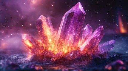 design banner represents mystical energy, featuring glowing crystal cluster with cosmic allure, perfect for occult themes