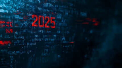 The year 2025 displayed in red against a blue digital background.