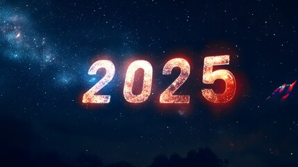 The year 2025 is written in glowing red digits against a starry night sky.