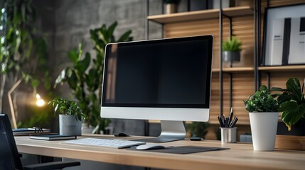 Modern Home Office Desk with Computer and Plants