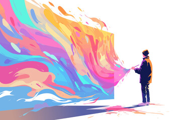 ui illustration of a street artist painting a large mural, paint splashing from the brush and spreading across the wall to create a vibrant abstract artwork, flat vector, isolated on white background,