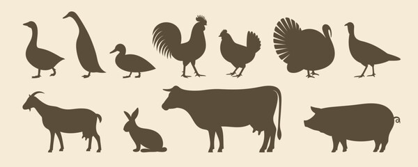 Farm animals silhouette. Isolated farm animals on vintage  background