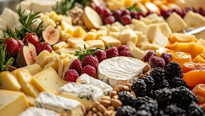 A gourmet cheese board with fruit and nuts.