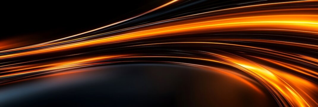Black smooth abstract background with neon glowing orange lines. Vector futuristic banner design - Generative AI