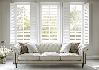 Bright and Airy Living Room Interior with White Shutters and Neutral Decor, Modern Home Design
