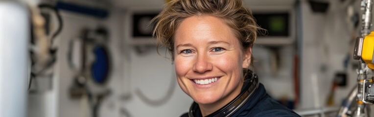 A non-binary European astronaut hovers in zero gravity, proudly displaying a pride patch