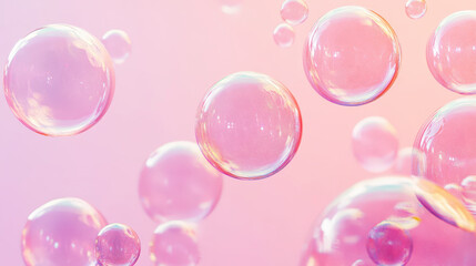 Aesthetic transparent soap bubbles floating on a pastel pink background. Detergents and cleaning products. Generative AI