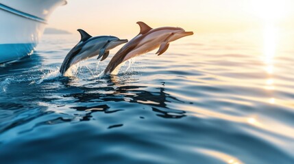 Fototapeta premium Dolphins Jumping from Calm Ocean Waters at Sunset