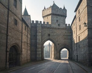 Obraz premium Abandoned Medieval Alleyway: Crumbling Stone Buildings and Twilight Glow