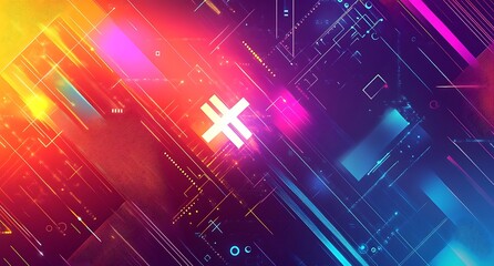 Image of shapes and blue scanner beams over data processing on soft pink and orange background.