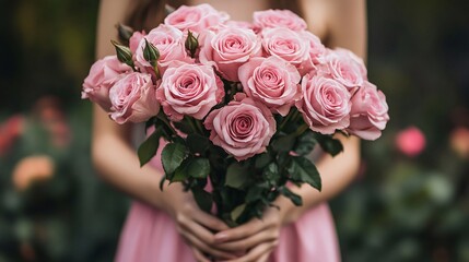 Woman Holding Bouquet of Pink Roses Outdoors