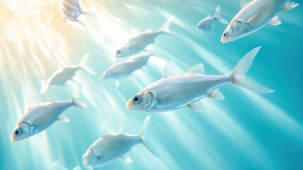 Fototapeta premium Underwater School of Silver Fish in Sunlit Waters