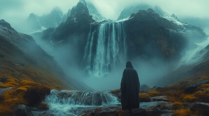 Mysterious Figure at the Waterfall in a Foggy Mountain