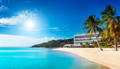 Fototapeta premium Summer Resort Beach Sea Relax Travel Vacation Palm Tropic Copy Space Banner Background Hotel