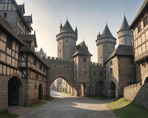 Fototapeta premium Panoramic View of Deserted Medieval City: Grand Castle and Fading Sunset