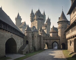 Fototapeta premium Panoramic View of Deserted Medieval City: Grand Castle and Fading Sunset