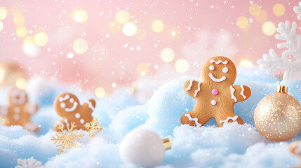 Cheerful gingerbread cookies surrounded by fluffy snow and sparkling ornaments create a festive holiday atmosphere with pastel colors