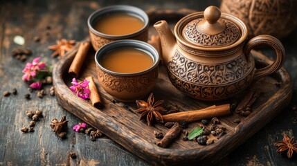 beautiful masala chai tea set featuring delicate cups and teapot, presenting the essence of indian tea culture ideal for an eye-catching concept banner