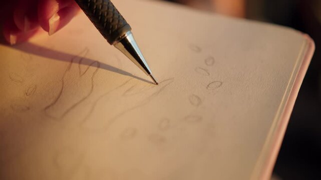 Close-up of a woman's left hand drawing a sketch of a future logo on a piece of paper in a notebook outdoors on a summer evening with a mechanical pencil. Remote work of a designer and artist