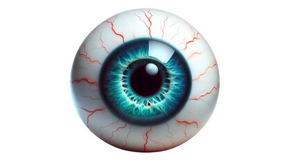 A blue human eye with blood vessels, floating in space, evoking themes of vision, observation, and the surreal in a hyper realistic style Highly detailed closeup.