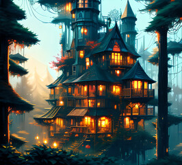 Obraz premium Atmospheric fairy tale fantasy house in the forest. Mysterious location. Mystical illustration. generative ai