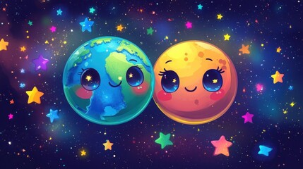 Fototapeta premium Cute cartoon Earth and Moon with stars in space.