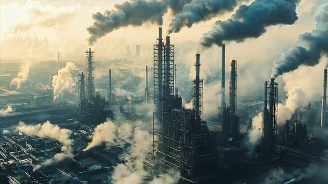 Drone shot pushing over industrial wasteland of massive refineries with smokestacks and steam vents at sunrise.