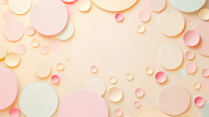 Aesthetic pastel minimalist background with paper circles, dots of different colours. Web banner template. Generative AI