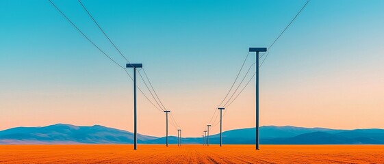 A serene landscape featuring power lines stretching across a vibrant field under a colorful sky at dusk.